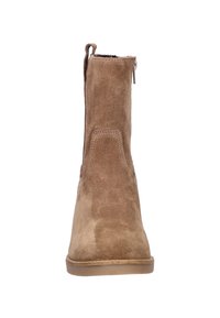 Brown suede ankle boot with smooth texture, tapered design, side zipper, and a low, flat sole.