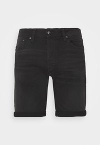 Shorts in denim nero con orlo arrotolato, dotati di chiusura a bottone, passanti per cintura e tasche frontali. Tessuto liscio e design dritto.