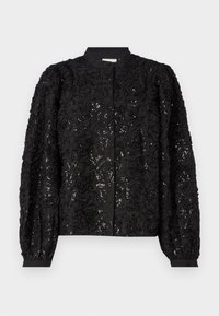 Schwarze Jacke mit floralem Muster, verziert mit Pailletten, abgerundetem Kragen und langen puffärmel mit angepassten Manschetten, die ihr dreidimensionales Design betonen.