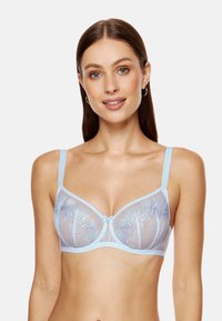 Jasnoniebieski stanik z siateczki z fiszbinami, ozdobiony haftem kwiatowym, z regulowanymi ramiączkami oraz małym kokardkowym detalem na środku. Miękka faktura i półprzezroczysty design.