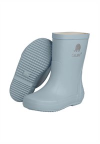 Bottes en caoutchouc bleu clair avec des rainures sur la semelle, bout rond et finition lisse. Présente un logo avec un éléphant sur le côté.