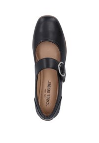 Schwarzer Leder-Mary-Jane-Schuh mit runder Spitze, verstellbarem Riemen mit silberner Schnalle und einem hellbraunen Innensohle.