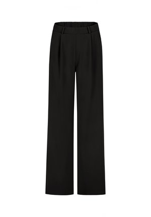 Zwarte wijde broek met hoge taille met riemlussen en plooien aan de voorkant, plat neergelegd op een witte achtergrond.