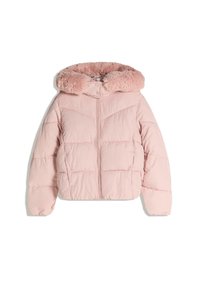 Roza jakna s pufastim punjenjem i kapuljačom od umjetnog krzna, koja ima zatvaranje na patentni zatvarač i kviltani uzorak. Punjenje je vidljivo uz skraćeni siluet.