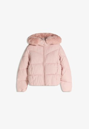 Pink puffer jacket with a faux fur hood, featuring a zip closure and quilted texture. Padding is visible with a cropped silhouette.