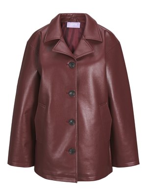 Dark brown faux leather jacket with wide collar, four black buttons down front, and side pockets on white background.