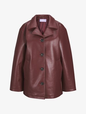 Dark brown faux leather jacket with wide collar, four black buttons down front, and side pockets on white background.