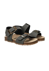 Grijze leren sandalen met twee verstelbare banden en bronzen gespen. Kurken zool met een gestructureerde afwerking en lichtbruine rubberen buitenzool.