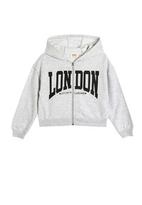 Grå zip-up hoodie med huva, med "LONDON" i fet svart text och "CITY OF MY DREAMS" nedanför i mindre text. Ribbat avslut vid ärmar och nederkant.