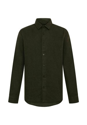 Chemise à manches longues vert foncé avec boutons, col et ourlet arrondi, présentée sur fond blanc.