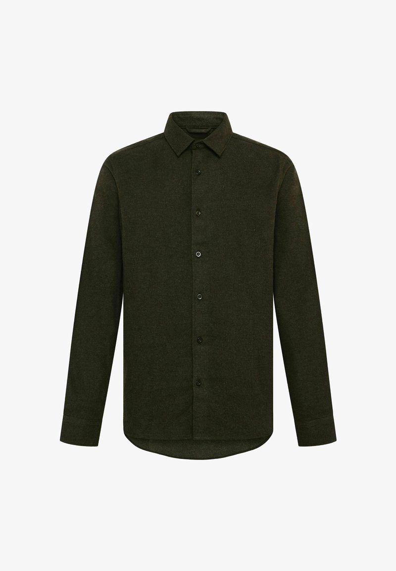 Chemise à manches longues vert foncé avec boutons, col et ourlet arrondi, présentée sur fond blanc.