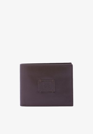 Brown leather wallet with a textured finish, featuring a stitched patch with an embossed logo on the front and a bi-fold design.