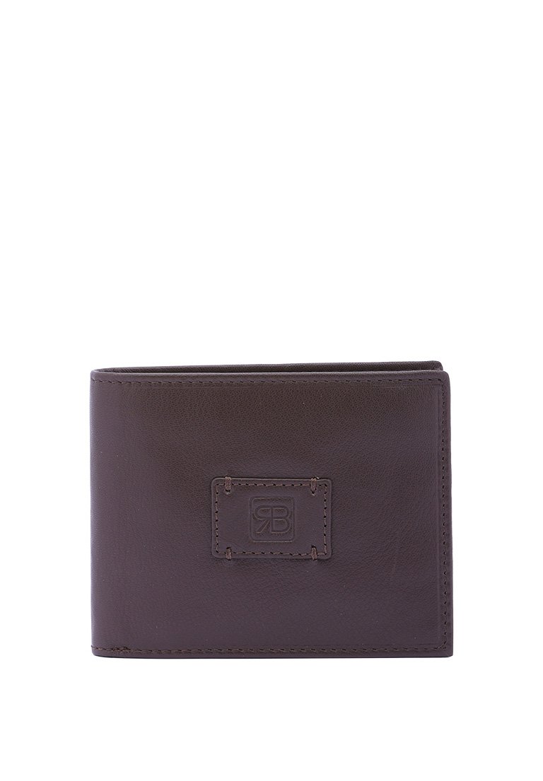 Portafoglio in pelle marrone con finitura texture, caratterizzato da una toppa cucita con un logo in rilievo sul davanti e un design a bi-fold.