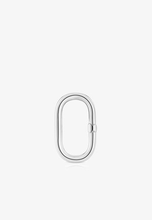 Clip de carabiner en forme d'ovale argenté avec une finition métallique sans couture et un petit mécanisme de verrouillage arrondi d'un côté.