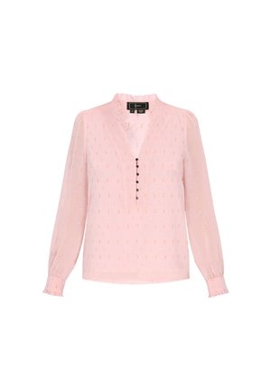 Pink bluse med lange ærmer, flæset halsudskæring og knaplukning. Har et struktureret mønster med små guld- og sølv accenter.