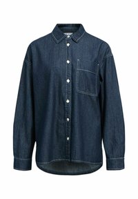 Donzen overhemd in donkerblauw, met een knoopsluiting aan de voorkant, een puntige kraag, lange mouwen en een borstzak. Subtiele witte stiksel zichtbaar.