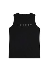 Top senza maniche di colore nero realizzato in cotone, con scollatura rotonda, caratterizzato dalla scritta "FREDDY" ricamata in bianco sulla parte anteriore.