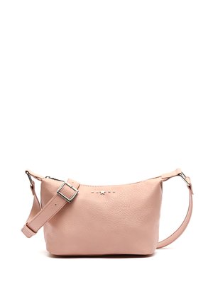 Sac bandoulière en cuir rose avec finition texturée, matériel en métal argenté et bandoulière ajustable. Il possède un accent en étoile et une fermeture éclair.