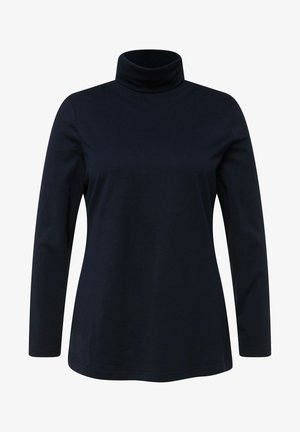Navyblaues Langarm-Turtleneck-Shirt aus weichem Stoff, mit einem eng anliegenden Hals und geradem Saumverlauf. Keine sichtbaren Muster oder Akzente.