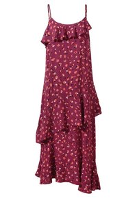 Mauve Kleid mit floralem Druck, Rüschensaum und -kragen, Spaghetti-Trägern, leichtem Stoff und geschichtetem Design.