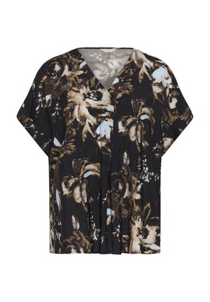 Loszittend zwart blouse met beige en lichtblauwe abstracte bloemprint en korte mouwen, met een V-hals en een ontspannen pasvorm.