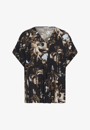 Løs sort bluse med beige og lyseblåt abstrakt blomsterprint og korte ærmer, med V-hals og afslappet pasform.