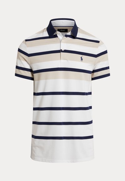 Polo à manches courtes avec rayures horizontales beige et marine et col marine, avec petit logo brodé sur la poitrine gauche.