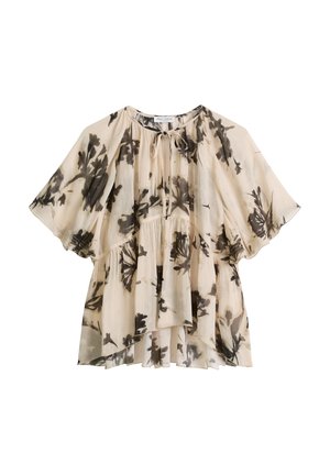 Beige transparente Bluse mit schwarzem Blumenmuster, lockeren flatternden Ärmeln, gesammelter Taille und gebundenem Ausschnitt-Detail.