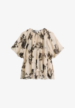 Beige doorschijnende blouse met zwarte bloemenprint, losse fladdermouwen, geplooide taille en detail met een gestrikte halslijn.