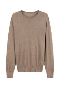 Beiger Pullover aus weichem Strickstoff mit Rundhalsausschnitt, langen Ärmeln, gerippten Bündchen und lockerem Schnitt. Minimalistisches und vielseitiges Design.