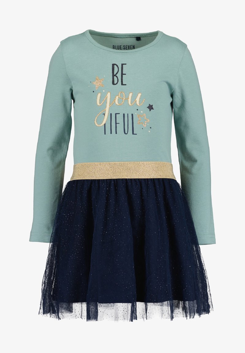Robe à manches longues avec un haut vert menthe, une jupe en tulle marine, une ceinture scintillante dorée et une inscription « BE you tiful » accompagnée d'étoiles et d'accents.