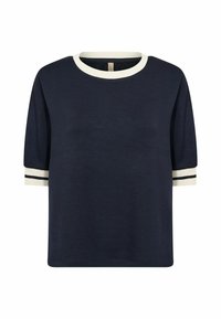 Temno modra kratka majica z belim rebrastim ovratnikom in manšetami, na robovih manšet črte v črni barvi. Mehka tkanina.