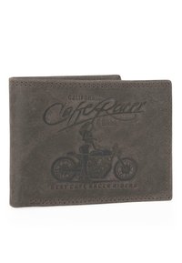 Cartera de cuero gris con un gráfico de motocicleta y texto en relieve. Cuenta con bordes cosidos y una superficie texturizada, midiendo aproximadamente 10 x 7,5 centímetros.