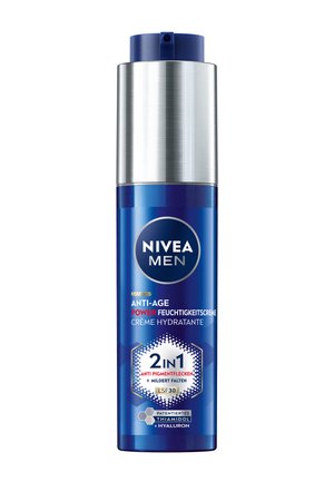 Blue and silver cylindrical moisturizer bottle with a pump top. Features product branding and text indicating anti-age and hydrating properties.
