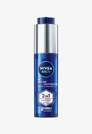 Blue and silver cylindrical moisturizer bottle with a pump top. Features product branding and text indicating anti-age and hydrating properties.