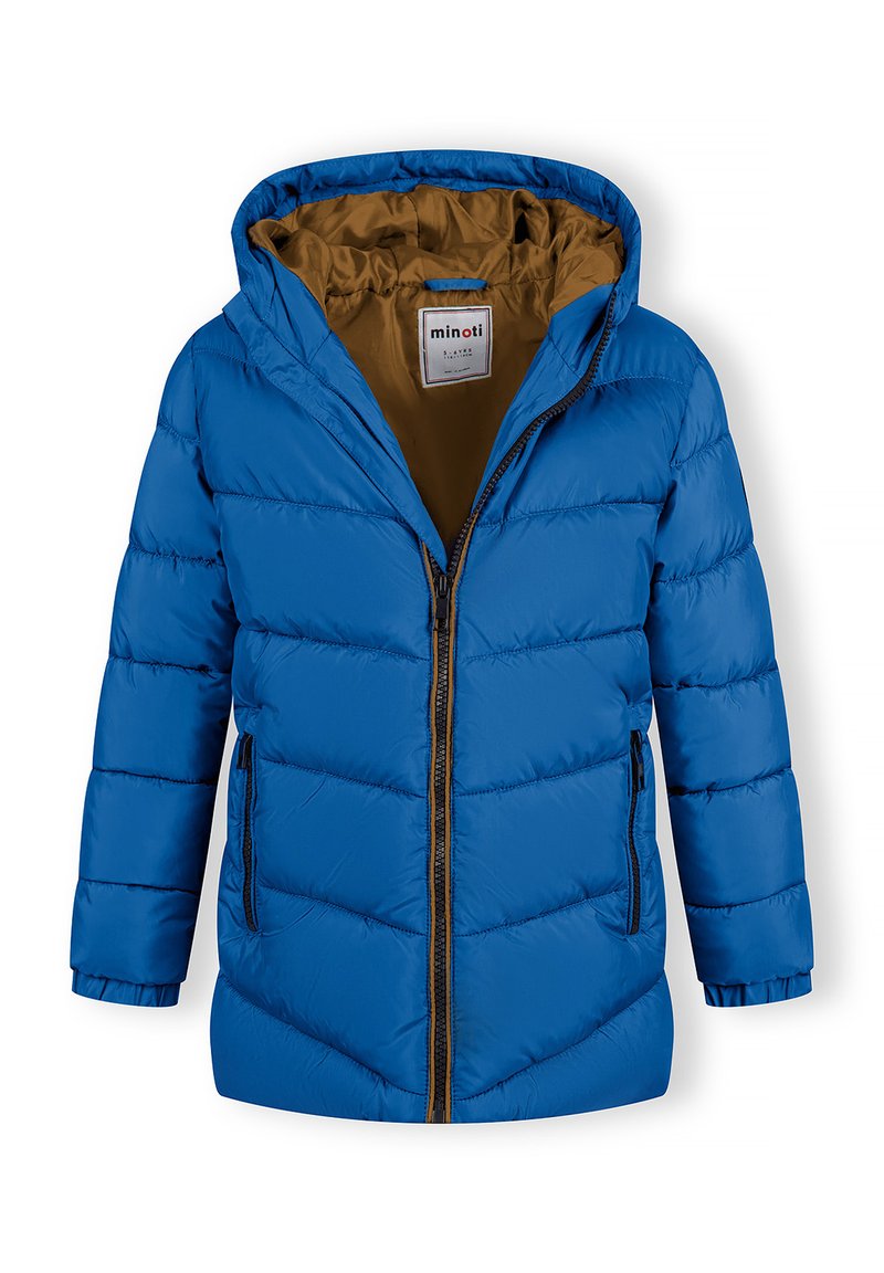 Doudoune bleue avec capuche, dotée d'une doublure intérieure dorée, de deux poches latérales zippées et d'une fermeture éclair à l'avant. Texture matelassée sur l'ensemble.