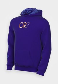Sudadera morada con bolsillo frontal y capucha interior de patrón azul. Logo dorado "CR7" en el pecho; diseños azules en las mangas. Material de algodón.