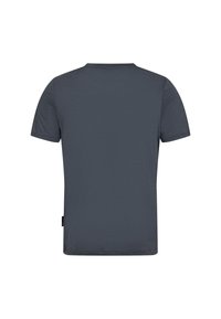Mørkegrå kortærmet t-shirt, crew neck design, glat tekstur, minimal synlig syning, lille mærke på siden.