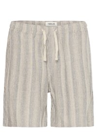 Gestreifte Leinen-Shorts in hellem Beige und Blau mit elastischem Bund und Kordelzug. Weiche Textur und lässiges Design.