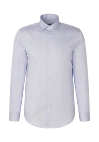 Lichtblauwe gestreepte lange mouwen shirt met een klassieke kraag, knoopsluiting en afgeronde zoom. Katoenen materiaal met een gladde textuur.