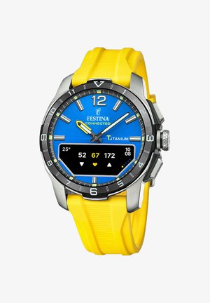 Titanium watch with a blue dial, yellow silicone strap, and black bezel. Features digital display for health metrics and hour indicators.