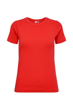 Rdeča kratka majica s kratkimi rokavi iz bombaža. Ima okroglo ovratnik in gladko teksturo. Preprosta, klasična prileganje brez vzorcev ali okrasnih elementov.