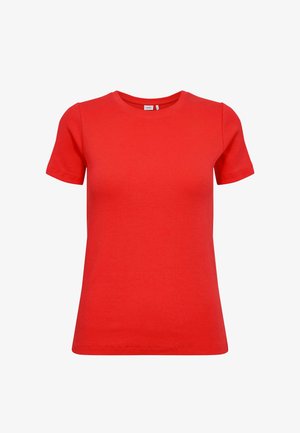 Rdeča kratka majica s kratkimi rokavi iz bombaža. Ima okroglo ovratnik in gladko teksturo. Preprosta, klasična prileganje brez vzorcev ali okrasnih elementov.
