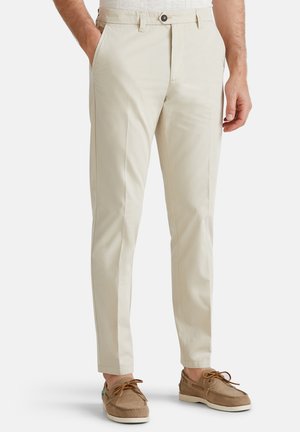 Beige chinos made of lightweight fabric, featuring a tailored fit, front pockets, smooth texture, and a single button closure at the waist.