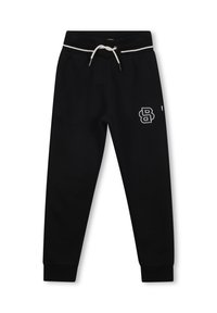 Pantaloni della tuta neri con elastico in vita regolabile, con cuciture accentate bianche e un logo bianco sul lato sinistro. Polsini a costine alle caviglie.