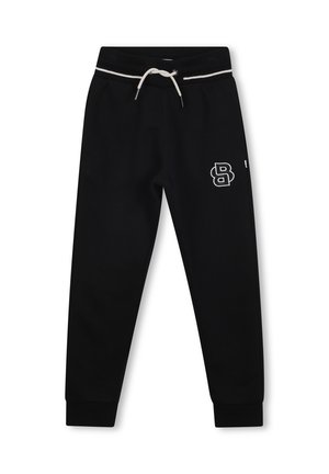 Pantalons de survêtement noirs avec une taille élastique à cordon, surpiqûres blanches et un logo blanc sur le côté gauche. Poignets côtelés aux chevilles.