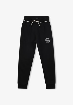 Pantaloni della tuta neri con elastico in vita regolabile, con cuciture accentate bianche e un logo bianco sul lato sinistro. Polsini a costine alle caviglie.