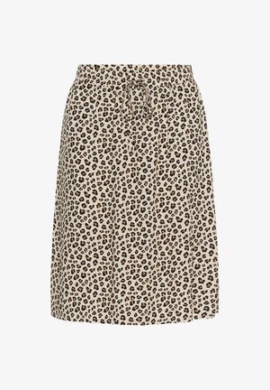 Suknja s printom leoparda u bež boji, s elastičnim pojasom i vezicom. Izrađena od lagane tkanine s mekanom teksturom.