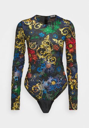 Body noir à manches longues avec motifs floraux rouges, bleus et verts vibrants et ornements baroques dorés, col rond, et fermeture éclair au dos.