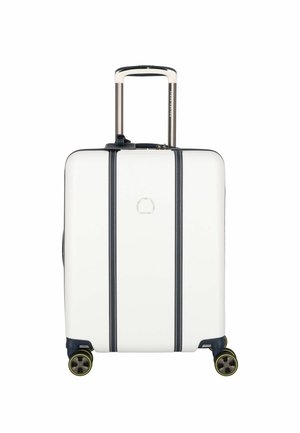 White suitcase with navy stripes, silver telescopic handle, and black wheels with yellow accents. Smooth, hard exterior surface.